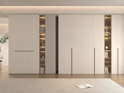 Modern White Wardrobe With LED Lighting And Open Shelves In Wooden Floor Interior 3d model