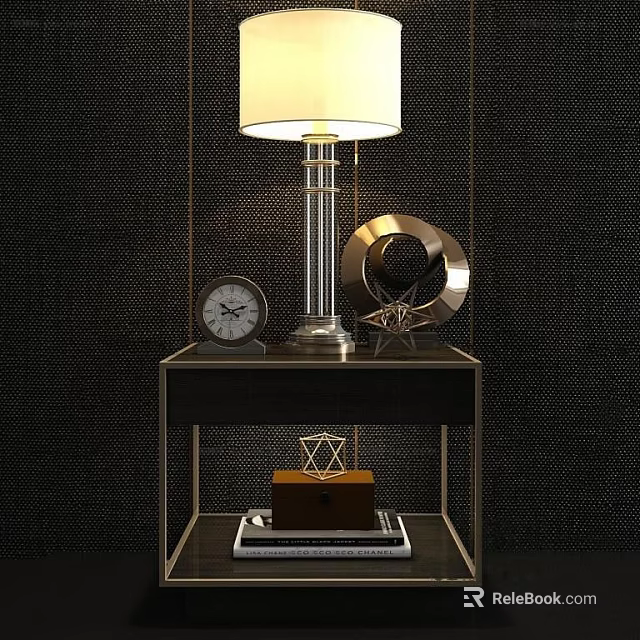 Modern Bedside Table With Lamp Clock Decorative Mirror Geometric Ornament And Box 3d model 
