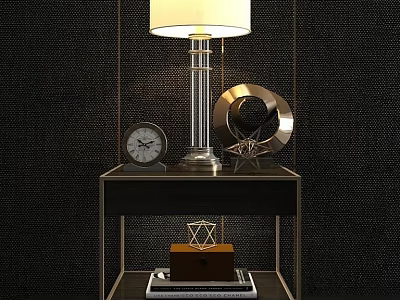 Modern Bedside Table With Lamp Clock Decorative Mirror Geometric Ornament And Box 3d model