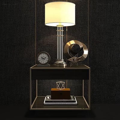 Modern Bedside Table With Lamp Clock Decorative Mirror Geometric Ornament And Box 3d model