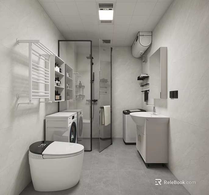 Modern Bathroom Interior Design With Glass Shower Enclosure White Toilet And Sink Cabinet 3d model 