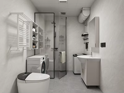 Modern Bathroom Interior Design With Glass Shower Enclosure White Toilet And Sink Cabinet 3d model