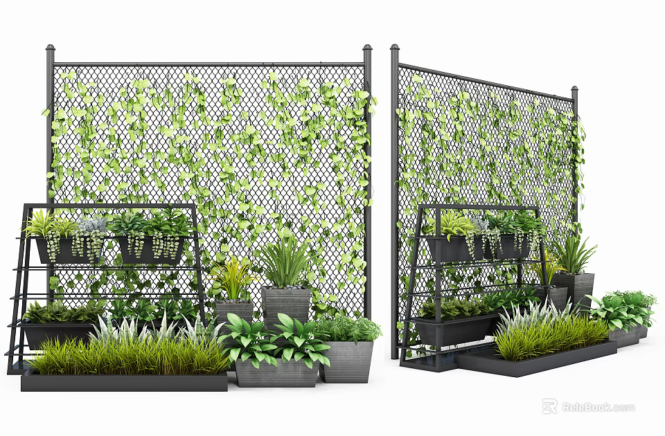 Garden Decor With Mesh Fence Covered In Green Vines And Multi Tiered Plant Racks 3d model 