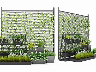 Garden Decor With Mesh Fence Covered In Green Vines And Multi Tiered Plant Racks 3d model