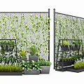 Garden Decor With Mesh Fence Covered In Green Vines And Multi Tiered Plant Racks