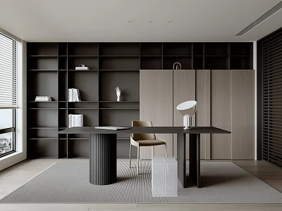 Minimalist Study Room Interior With Black Bookshelves Beige Cabinets Black Table Beige Chair And Lamp 3d model