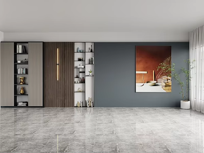 Modern Sofa Background Wall Design With Gray Wooden Cabinets Books Decorations Green Plants And Abstract Painting 3d model