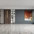 Modern Sofa Background Wall Design With Gray Wooden Cabinets Books Decorations Green Plants And Abstract Painting