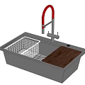 Black Kitchen Sink With Red Faucet Metal Grid And Wooden Cutting Board