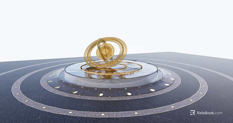 Golden Modern Sculpture With Spiral Rings On Circular Platform Concentric Design Illuminated Lights 3d model 