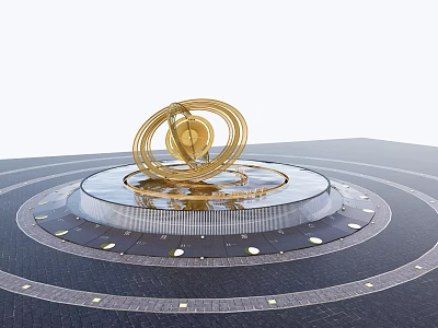 Golden Modern Sculpture With Spiral Rings On Circular Platform Concentric Design Illuminated Lights 3d model
