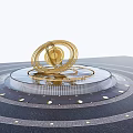 Golden Modern Sculpture With Spiral Rings On Circular Platform Concentric Design Illuminated Lights