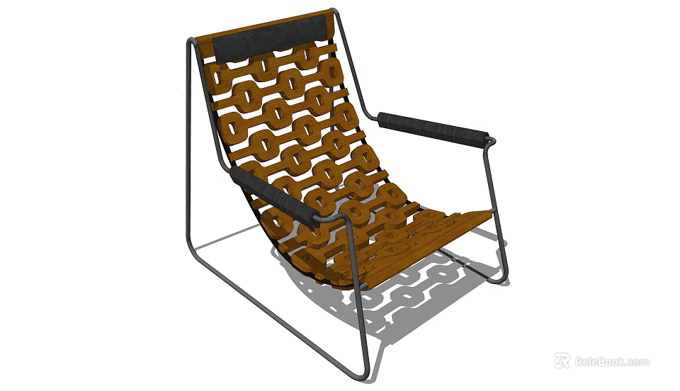 Brown Woven Lounge Chair With Black Metal Frame And Armrests 3d model 