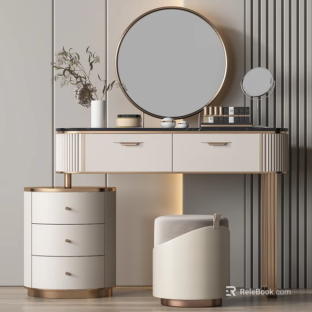 Elegant Modern Dressing Table with Round Gold Frame Mirror Drawers and Upholstered Stool 3d model 