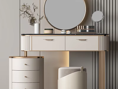 Elegant Modern Dressing Table with Round Gold Frame Mirror Drawers and Upholstered Stool 3d model