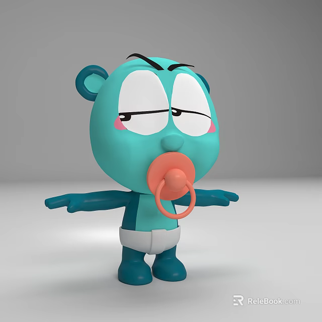 Turquoise Cartoon Bear Doll With Big Eyes Blush Pacifier And Open Arms 3d model 