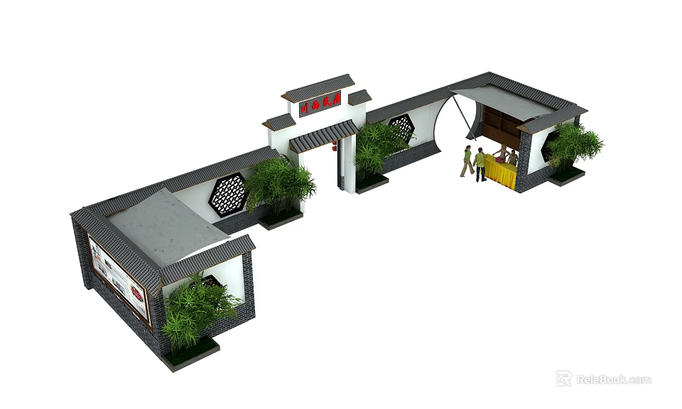 Traditional Chinese Entrance Gate with Eaves Carved Windows and Courtyard Plants 3d model 