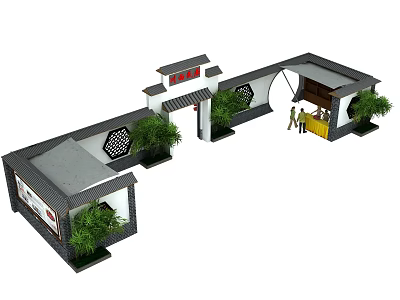 Traditional Chinese Entrance Gate with Eaves Carved Windows and Courtyard Plants 3d model
