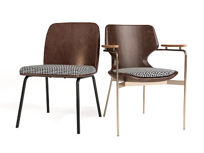 Modern Brown Wooden Dining Chairs With Houndstooth Seat And Metal Legs 3d model