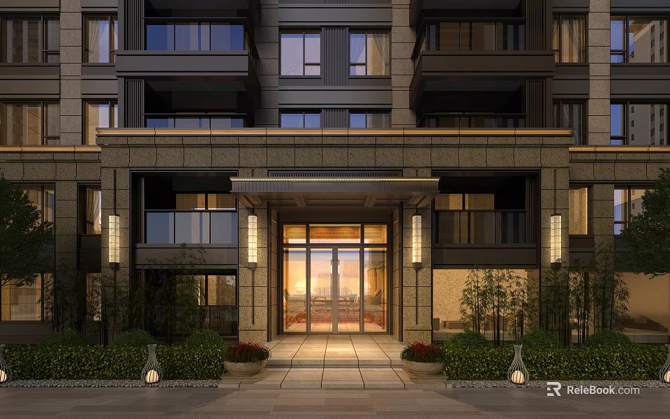 Modern High Rise Building Entrance Gate With Glass Doors Stone Accents Greenery And Lamp Posts 3d model 