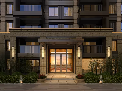 Modern High Rise Building Entrance Gate With Glass Doors Stone Accents Greenery And Lamp Posts 3d model
