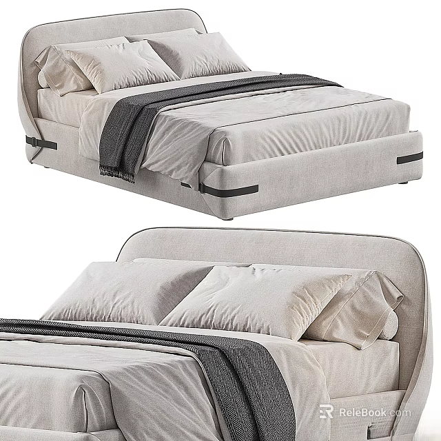 Modern Upholstered Double Bed With Neutral Bedding Plush Pillows And Decorative Trim 3d model 