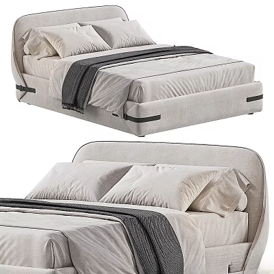 Modern Upholstered Double Bed With Neutral Bedding Plush Pillows And Decorative Trim 3d model