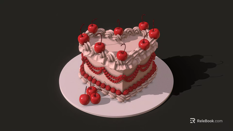 Delicious Layered Cake Topped With Fresh Cherries And Cream Frosting On White Plate 3d model 