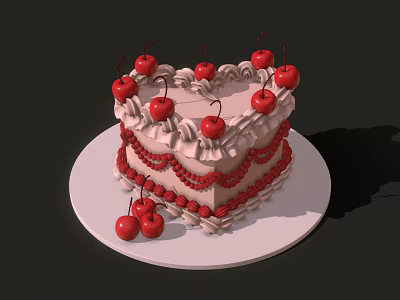 Delicious Layered Cake Topped With Fresh Cherries And Cream Frosting On White Plate 3d model