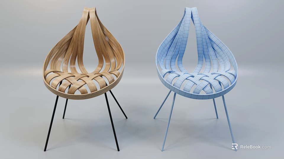 Modern Single Chair With Woven Design Wooden And Blue Thin Metal Legs 3d model 