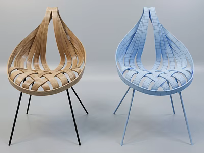 Modern Single Chair With Woven Design Wooden And Blue Thin Metal Legs 3d model