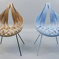 Modern Single Chair With Woven Design Wooden And Blue Thin Metal Legs