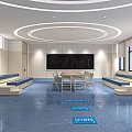 School Common Area Interior Featuring Long Table Chairs Windows Light-colored Walls And Blue Floor