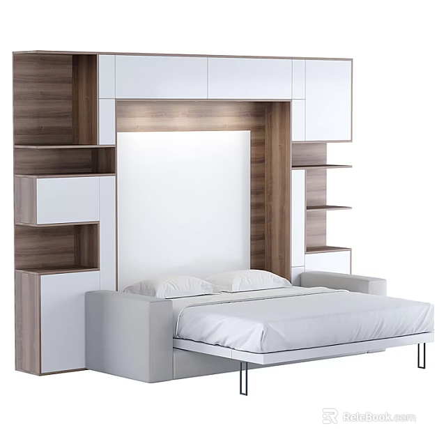 Modern Bedroom Interior Design With Built-in Cabinets Shelves And White Bed 3d model 