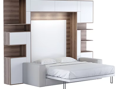 Modern Bedroom Interior Design With Built-in Cabinets Shelves And White Bed 3d model