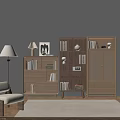 Modern Wooden Bookshelf Interior With Books Decorative Items Chair And Floor Lamp