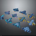 Blue Cosmic Spacecraft Models with Yellow Purple Details and Various Designs on Dark Background