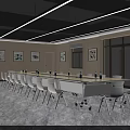 Modern Conference Room Interior With Long Table White Chairs Large Screen And Snow Mountain