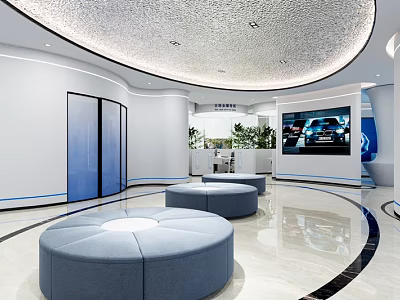 Modern Bank Lobby Interior With Round Blue Sofas Digital Screens And Marble Flooring 3d model