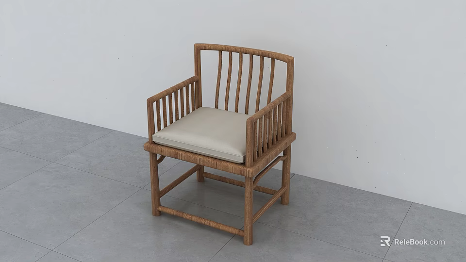 Simple Wooden Leisure Chair With Slatted Back Armrests And Padded Seat 3d model 