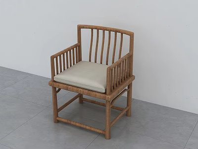 Simple Wooden Leisure Chair With Slatted Back Armrests And Padded Seat 3d model