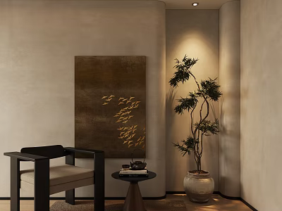 Stylish Lounge Chair In Modern Interior With Side Table Artwork And Potted Plant 3d model