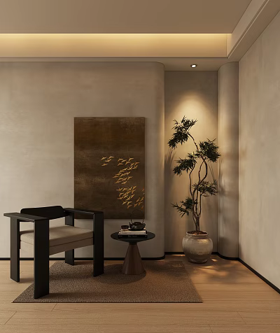 Stylish Lounge Chair In Modern Interior With Side Table Artwork And Potted Plant 3d model