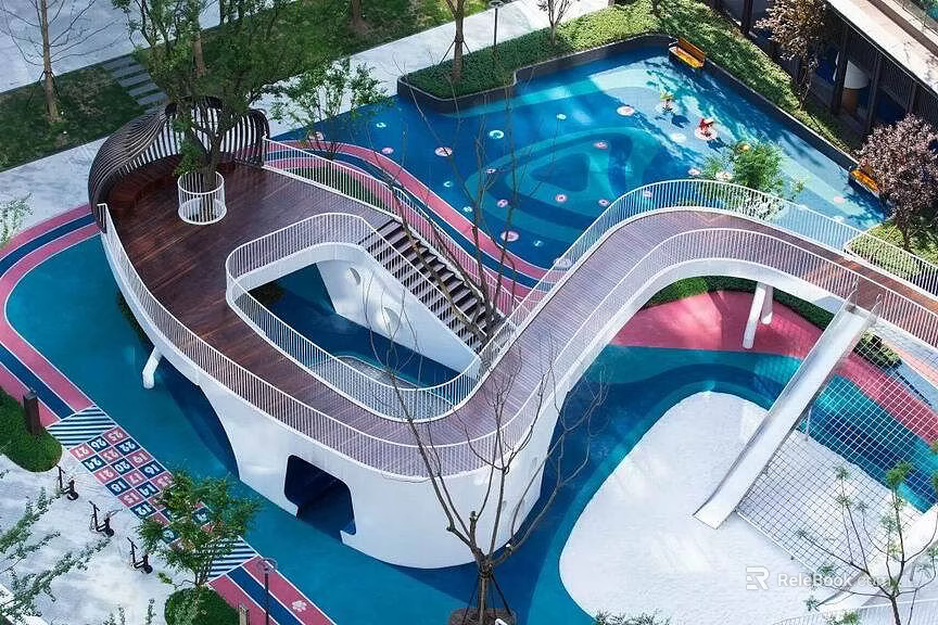 Colorful Garden Landscape With Winding White Walkway Blue Pink Pavement Trees And Play Facilities 3d model 