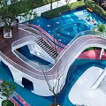 Colorful Garden Landscape With Winding White Walkway Blue Pink Pavement Trees And Play Facilities
