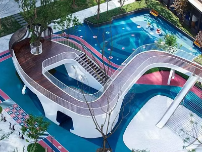 Colorful Garden Landscape With Winding White Walkway Blue Pink Pavement Trees And Play Facilities 3d model