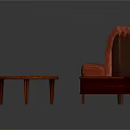 Red Tufted Leather Chair And Round Wooden Coffee Table With Wood Grain
