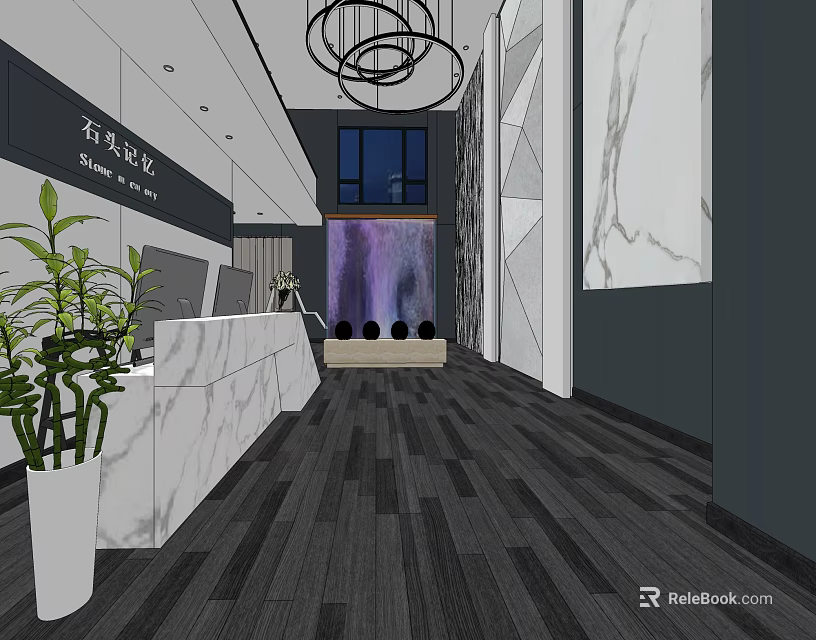 Modern Shop Front Desk Interior With White Counter Green Plants And Hanging Pendant Light 3d model 