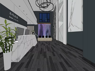 Modern Shop Front Desk Interior With White Counter Green Plants And Hanging Pendant Light 3d model