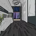 Modern Shop Front Desk Interior With White Counter Green Plants And Hanging Pendant Light